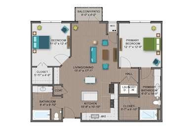A floor plan of a house with a balcony, two bedrooms, a living area, a dining area, a kitchen, a bathroom, a laundry room, and a coat closet.