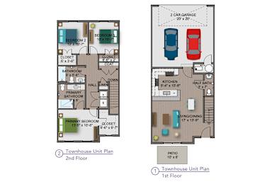 A diagram of a two-story townhouse with labeled rooms and dimensions.