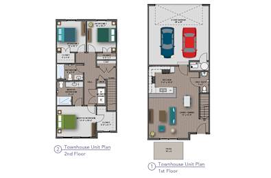 A diagram of a two-story townhouse with plans for both the first and second floors.