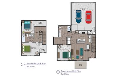 A diagram of a two-story townhouse with labeled rooms.