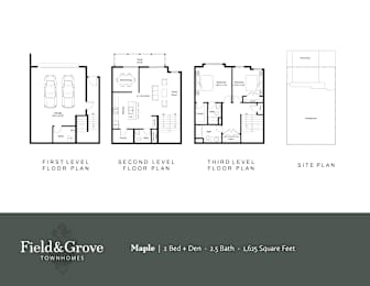 A set of three floor plans for a house with a site plan.