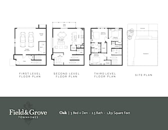 A set of four floor plans for a home with three bedrooms and two bathrooms.