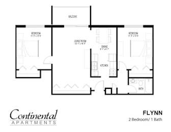 A floor plan for a Continental Apartments apartment named Flynn with two bedrooms and one bathroom.