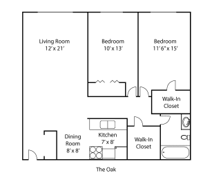 Oak floor plan drawing, 2 bedroom, 1 bath