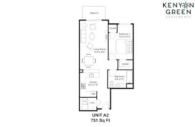 A floor plan for a 751 square foot apartment with a living room, bedroom, bathroom, kitchen, and laundry room.