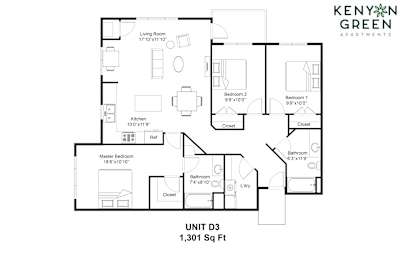 A floor plan for a 1,301 square foot unit from Kenyan Green Apartments.