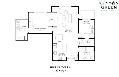 A floor plan for a 1,220 square foot unit with a living room, dining room, kitchen, and bathrooms.