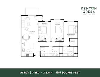 A floor plan for a 3 bedroom, 2 bathroom apartment with a total area of 1251 square feet.