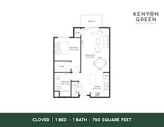 A floor plan for a one bedroom, one bathroom apartment of 760 square feet.