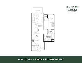 A floor plan for a one bedroom, one bathroom apartment of 751 square feet.