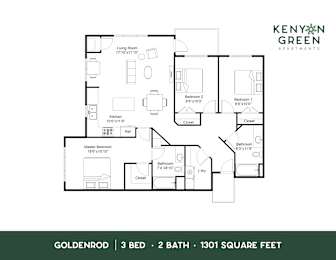 A floor plan for a 3 bedroom, 2 bathroom apartment of 1301 square feet.