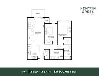A floor plan for a 2 bedroom, 2 bathroom apartment of 821 square feet.