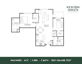 A floor plan for a 2 bedroom, 2 bathroom apartment of 1220 square feet.