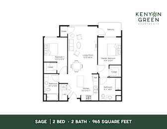 A floor plan for a two bedroom, two bathroom apartment of 965 square feet.