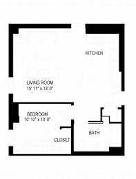 A floor plan of a small apartment with a living room, bedroom, kitchen, and bathroom.