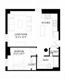A black and white image of a floor plan for a small apartment.