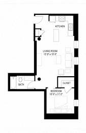 A floor plan of a small apartment with a kitchen, living room, bathroom, bedroom and closet.