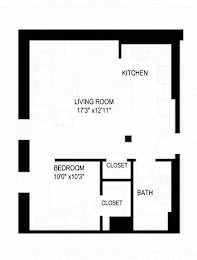 A black and white image of a floor plan for a small apartment.
