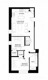 A black and white image of a floor plan for a house with a kitchen, living room, and two bedrooms.