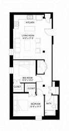 A black and white image of a floor plan for a small apartment.