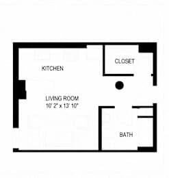 A floor plan of a small apartment with a kitchen, living room, bathroom, and closet.