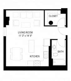 A black and white image of a floor plan for a small apartment.