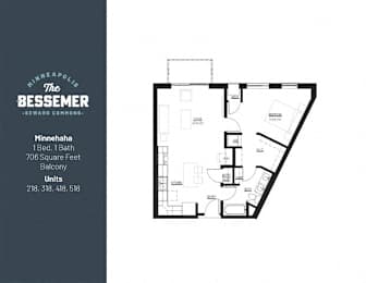 1Bed 1Bath 706 sq.ft at The Bessemer at Seward Commons Apartments, Minnesota, 55404