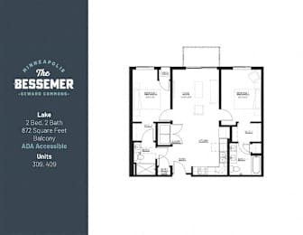 2Bed 2Bath 872 Sq.ft. Balcony