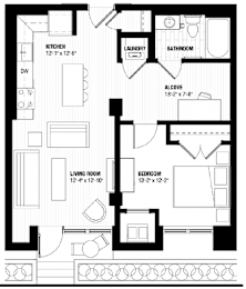 A black and white image of a house floor plan with a living room, kitchen, bathroom, and bedrooms.