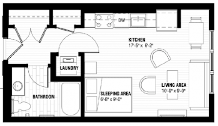 A floor plan of a small apartment with a kitchen, living area, sleeping area, bathroom, and laundry room.
