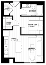 A black and white image of a floor plan for a small apartment.