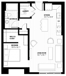 A black and white image of a floor plan for a small apartment.