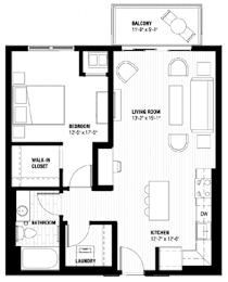 A black and white image of a house floor plan with a balcony, living room, dining room, kitchen, bathroom, bedroom, and laundry.