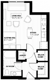 A black and white image of a house floor plan with a living area, sleeping area, laundry, bathroom, kitchen, and walk-in closets.