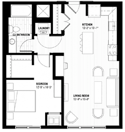 A black and white image of a floor plan for a small apartment.