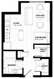 A black and white image of a floor plan for a home with a living area, kitchen, sleeping area, bathroom, walk-in closet, and laundry.