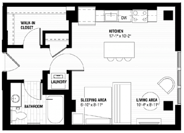 A black and white image of a floor plan for a small apartment.