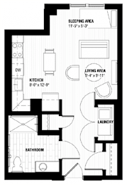 A black and white image of a floor plan for a home with a sleeping area, kitchen, laundry, and bathroom.