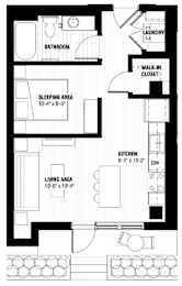 A black and white floor plan of a house with a living area, kitchen, sleeping area, bathroom, laundry, and walk-in closet.