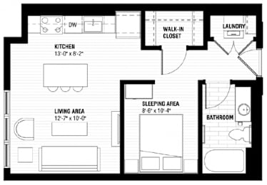 A black and white image of a floor plan for a small apartment.