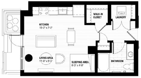 A black and white floor plan of a house with a kitchen, living area, sleeping area, bathroom, laundry, and walk-in closet.