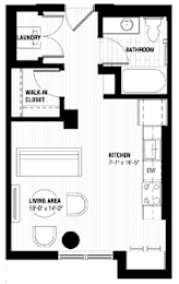 A black and white image of a floor plan for a small apartment.