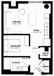 A black and white image of a floor plan for a small apartment.