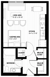 A black and white image of a floor plan for a small apartment.