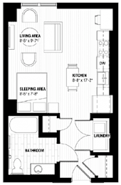 A black and white image of a floor plan for a small apartment.