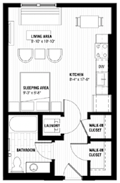 A black and white image of a floor plan for a small apartment.