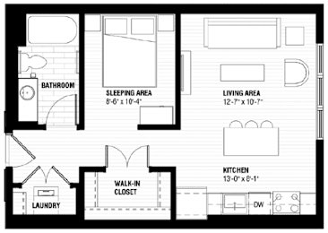 A floor plan of a small apartment with a sleeping area, living area, kitchen, bathroom, and laundry room.