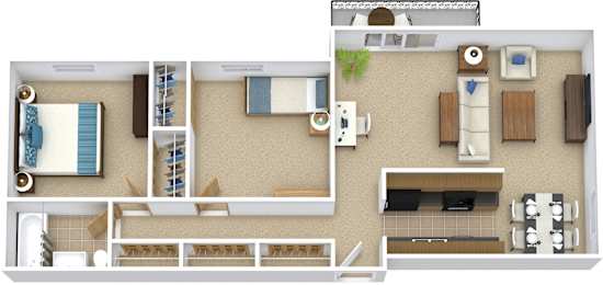 A floor plan of a small apartment with a kitchen, living room, and bathroom.