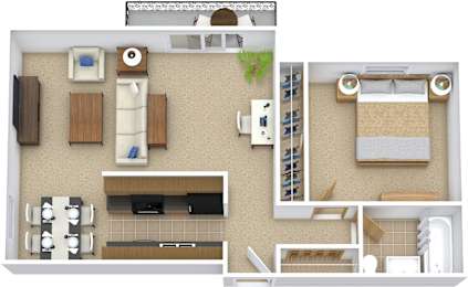 A top-down view of a small apartment layout with a kitchen, living room, and bedroom.