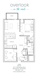 Lura floor plan 825 square feet 1 bedroom plus den, 1 bathroom